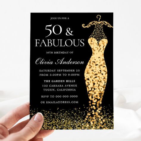 Glamorous Gold Dress Fabulous 50th Birthday for $2.80 - Birthday Invitations 50th Golden Birthday, 50th Birthday Themes, Birthday Dinner Invitation, 50th Birthday Invitation, Golden Gown, Cake Lettering, 80th Birthday Invitations, Crown Party, Gown Gold