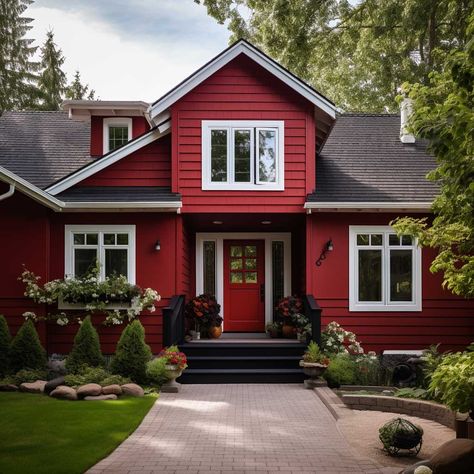 Primary Shades that Transform Outdoor House Paint Colours • 333+ Images • [ArtFacade] Red House Color Scheme, Painted Wooden Houses Exterior, Red House Exterior Color Palettes, Red House Exterior Farmhouse, Red Houses Exterior, Red Exterior House, Maroon House Exterior, Burgundy House Exterior, Dark Brown House Exterior