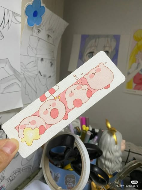 Kirby Bookmark, Book Mark Drawing Ideas, Book Mark Drawing, Kawaii Paintings On Canvas, Bookmark Drawing Ideas, Aesthetic Bookmarks, Bookmark Design, Handmade Bookmarks Diy, Penanda Buku