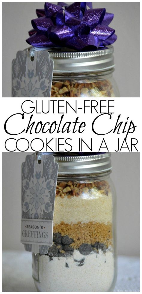 These gluten-free chocolate chip cookies in a jar a great gift for friends and neighbors. Nobody would ever know they are gluten-free. | gluten-free gift ideas | gluten-free cookies in a jar | gluten-free Christmas gift ideas | homemade gluten-free gifts || This Vivacious Life #glutenfreegifts #glutenfreecookies Recipes In A Jar, Gluten Free Gift Basket, Jar Food Gifts, Cookie Mix Jar, Cookies In A Jar, Gluten Free Gifts, Gluten Free Christmas Cookies, Mason Jar Christmas Gifts, Mason Jar Cookies