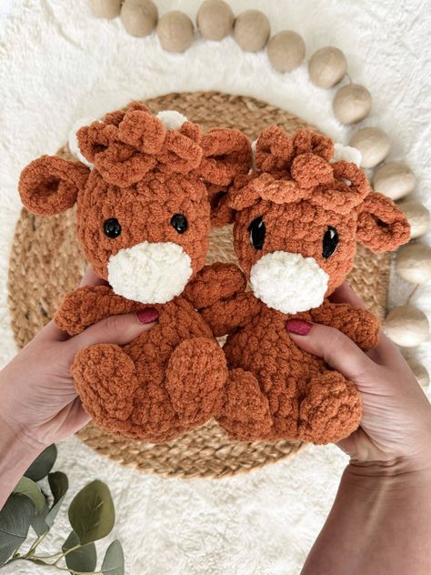 This is a free crochet pattern for the most adorable squishy highland cow! Understuffed body and cuddly blanket yarn make this the perfect gift for small ones! Mini Crochet Animals, Crochet Highland Cow, Highland Cow Pattern, Toys Quotes, Cow Crochet Pattern, Crocheted Cow Pattern, Crochet Teddy Bear Pattern, Knit Projects, Crochet Turtle