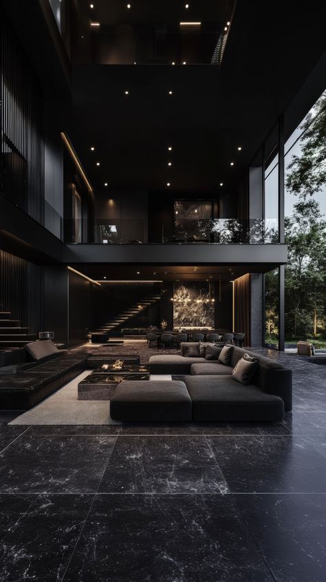 Make your living room both stylish and cozy with these ideas. Modern Luxury House Design Interior, Black Themed House Interior, Black Front Room Ideas, Industrial Home Aesthetic, Black Modern House Interior Design, Black Modern Room, Dark Naturalism House Interior, Black Interior Design Living Rooms, Dark Home Decor Cozy Living