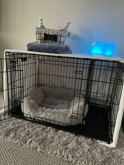 Puppy Dog corner Dog Section In Bedroom, Dog Kennel Aesthetic, Dog Cage Set Up, Puppy Kennel Set Up, Dog Area Aesthetic, Balcony Ideas For Dogs, Dog Set Up In Bedroom, Dog Crate Room, Apartment Dog Area