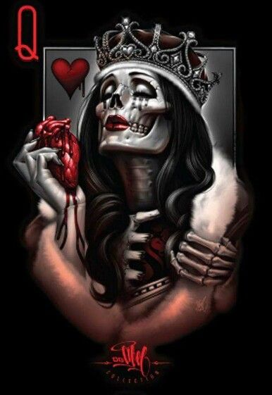 Muertos Gothic Queen Of Hearts, Queen Of Hearts Tattoo, Gothic Queen, Hearts Tattoo, Lowrider Art, Queen Tattoo, Skull Pictures, Queen Art, Card Tattoo