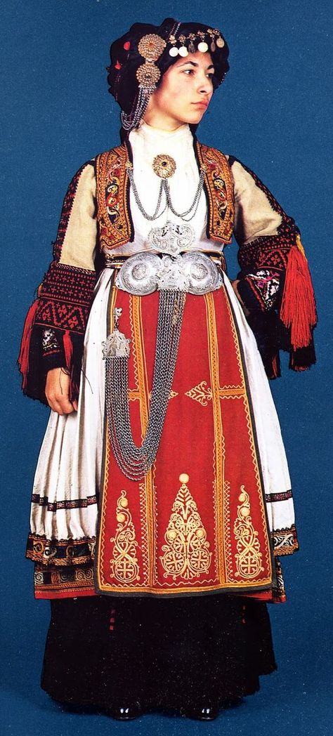 GREEK | KARAGOUNIS woman in the traditional dress of the Karagounides, Thessaly, Greece Greek Traditional Dress, Greek Costume, Empire Ottoman, Greek Tradition, Folk Clothing, Greek Culture, Folk Dresses, Folk Dance, Greek Clothing