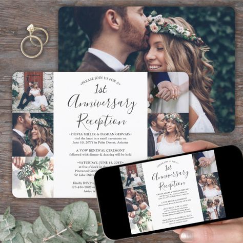 First Anniversary Wedding Reception Photo Collage Invitation Post Elopement Party, Sequel Wedding, Anniversary Reception, Collage Invitation, Reception Only Invitations, Simple Wedding Reception, Elopement Party, Elopement Invitation, Renewal Ceremony