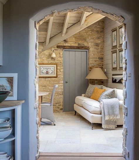 Emma Sims-Hilditch on Instagram: “Our ground floor is very open which creates a welcoming space and provides a lovely opportunity to showcase this beautiful vintage sofa…” Barn Conversion Interiors, Modern Country Decor, Country Interior, Beautiful Cottages, Cottage Interiors, Interior Design Business, Stone Walls, Barn Conversion, Vintage Sofa