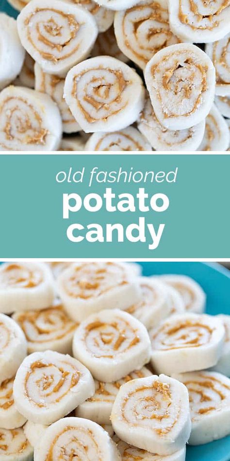 An old fashioned fun candy, this Potato Candy is made from mashed potatoes, powdered sugar, and peanut butter. They are super sweet but super fun! Potatoe Candy Recipe, Old Fashioned Potato Candy Recipe, Mashed Potato Candy, Potato Candy Recipe, Sweets Business, Gooey Desserts, Powdered Sugar Cookies, Candy Homemade, Potato Candy