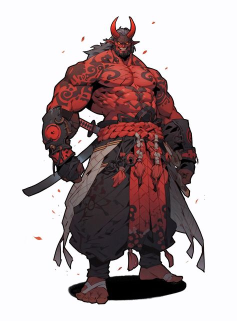 Tattoos Character Design, Four Armed Character Concept Art, Demon Barbarian, Oni Concept Art, Red Character Design, Devil Character, Oni Demon Character Design, 4 Arms Character Design, Half Oni Character Art