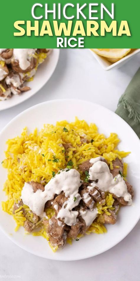 Dishes with middle eastern rice with chunks of chicken with a creamy sauce with Pinterest overlay. Shawarma Rice Recipe, Chicken Shawarma Rice, Shawarma Rice, Shawarma Sauce, Yellow Rice Recipes, Chicken Shawarma Recipe, Shawarma Recipe, Spiced Chicken, Rice Recipes For Dinner