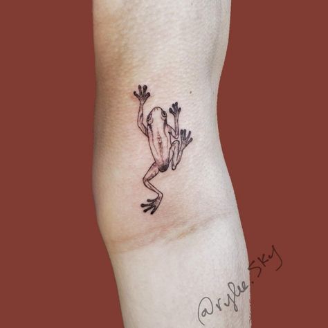 Wood Frog Tattoo, Tree Frog Tattoo Ideas, Tree Frog Tattoos Black And White, Frog Tattoo On Shoulder, Frog Patchwork Tattoo, Small Tree Frog Tattoo, Small Reptile Tattoo, Frog Hand Tattoo, Climbing Frog Tattoo