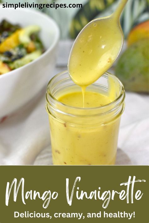 glass jar with mango vinaigrette and a spoon coming out of it dripping vinaigrette. Mango Vinaigrette Dressing, Mango Vinaigrette, Mango Salad Dressing, Thai Mango Salad, Mango Dressing, Vinegar Salad, Ginger Salad Dressings, Mango Slaw, Mango Salat