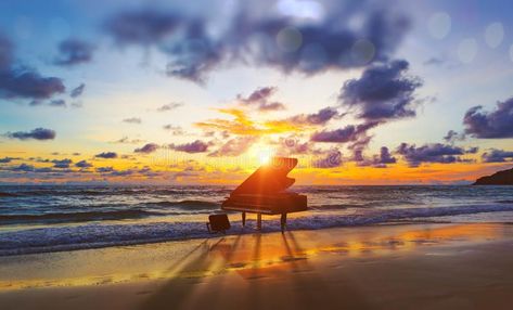 Music background.Melody and song concept in nature. Surreal image of grand piano in scenic sunset beach royalty free stock photo Music Images Background, Meditation Songs, Relaxing Songs, Music Background, Nature Background, Music Backgrounds, Music Images, Grand Piano, Background Music