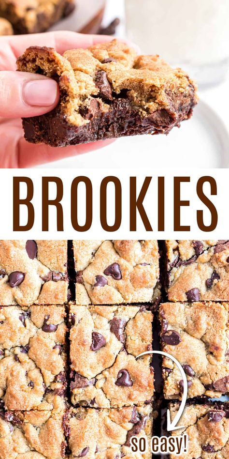 Is it a cookie? A brownie? These giant Brookies are both! This recipe takes gooey chocolate chip cookies and marries them to fudgy brownies for the ultimate treat! Dessert With Brownies, Homemade Brookie Recipe, Air Fryer Brookies, Chocolate Chip Cookie Desserts Ideas, Brookies Recipes Easy, How To Make A Brookie, Easy Brownie Cookie Recipes, Homade Desserts Recipes Easy, How To Make Brookies