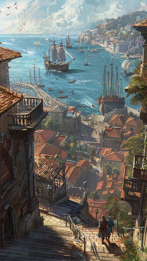 painting, travel, town, water, architecture, city, house, old, street, sea, church, boat, river, art, building Corner Painting, Water Architecture, City By The Sea, Architecture City, Fantasy Worlds, Location Inspiration, Scenery Pictures, River Art, Old Street