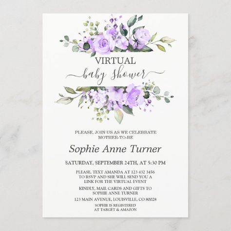 Charming Lavender Flowers Virtual Baby Shower Invitation Weding Invitation, Bday Party Invitations, Virtual Baby Shower Invitation, Shower Stuff, Baby Shower Templates, Virtual Baby Shower, Baby Shower Flowers, Baby Monogram, Rustic Baby