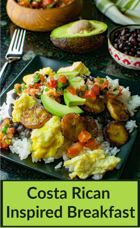 Scrambled Eggs And Toast, Easy Make Ahead Breakfast, Eggs And Toast, Traditional Spanish Recipes, Rice Black Beans, Costa Rican Food, Homemade Salsa Recipe, Ripe Plantain, Spanish Dishes