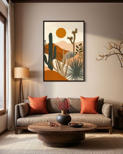 Add a touch of boho charm to your home with this stunning Boho Saguaro Cactus Wall Art. Featuring a cactus in the desert with the sun in the background, this canvas print captures the serene beauty of desert landscapes. The intricate details and vibrant colors make this artwork a perfect focal point for your living room, bedroom, or any space that embraces a bohemian aesthetic. Available framed and ready to hang, this piece offers a stylish and convenient way to elevate your decor. MEASURE YOUR Cactus Living Room Decor, Modern Southwest Living Room, Cactus Living Room, Desert Aesthetic Decor, Western Apartment, Desert Boho Decor, Modern Boho Living Room Decor, Cactus In The Desert, Southwestern Wall Art