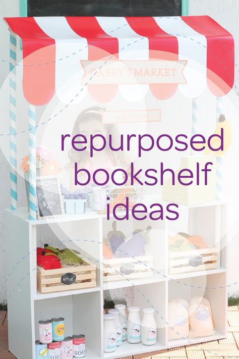 If you’ve got an unused bookshelf lying around, you might be surprised by the creative ways you can use it in your toddler’s play area. Check out these repurposed bookshelf ideas—our favorite is this personalized play market filled with fake food and market items. The bookshelf is the perfect height for your little one! Repurposed Bookshelf, Bookcase Redo, Old Bookshelf, Upcycle Toys, Cheap Shelves, Toddler Play Area, Dollhouse Bookshelf, Montessori Bookshelf, Old Bookshelves