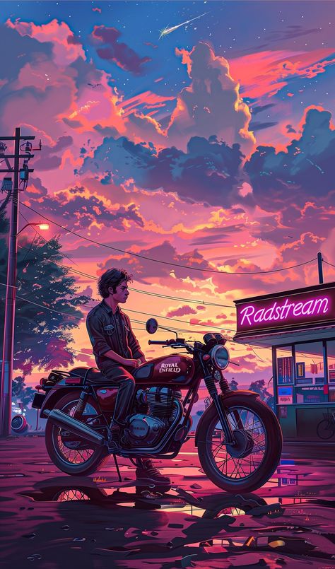 Anime art of a rider on a vintage motorcycle at sunset with pink and purple skies. Royal Enfield, Mordecai Y Rigby, Motorbike Illustration, Japanese Town, Garage Art, Cool Wallpapers Cartoon, Cool Wallpapers Art, Bike Art, Sky Art