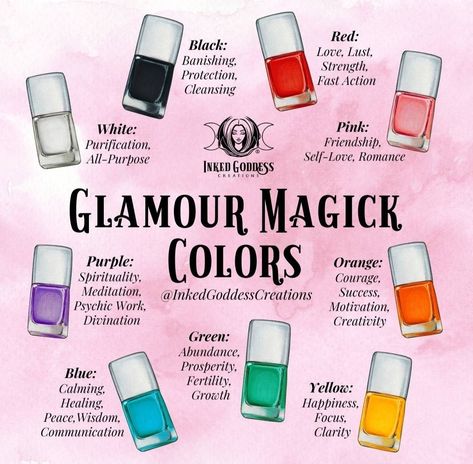 Nail Polish Color Magick, Nail Color Magick, Nail Polish Color Meaning Witch, Nail Color Meaning Witchcraft, Nail Magic Witch, Color Corespondents Witchcraft, Color Magic Witchcraft Nails, Witchy Nail Colors, Glamour Magick Colors