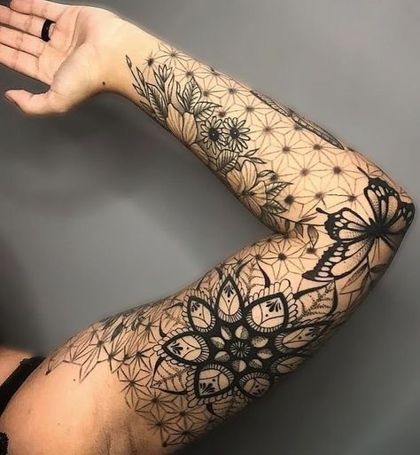 Flowers And Geometric Shapes Tattoo Sleeve, Pattern Art Tattoo Sleeve, Cool Sleeve Tattoo Woman Art Designs, Filling In Patchwork Tattoo, Half Leg Sleeve Tattoo Calf Woman, Zentangle Tattoo Sleeve, Female Geometric Tattoo Sleeve, Women’s Geometric Tattoo, Womens Geometric Sleeve Tattoo