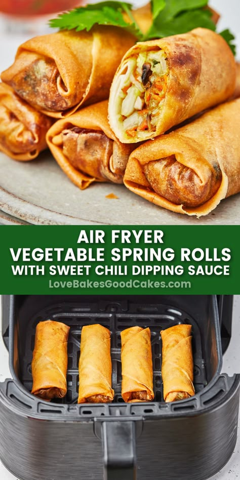 Air Fryer Vegetable Spring Rolls pin collage Homemade Spring Rolls Air Fryer, Fried Veggie Spring Rolls, Air Fry Spring Rolls Recipe, Spring Roll Air Fryer Recipes, Vegetable Spring Rolls Air Fryer, Air Fryer Spring Rolls Recipe Rice Paper, Air Fry Spring Rolls, Air Fryer Spring Rolls Rice Paper, Air Fryer Spring Rolls Recipe