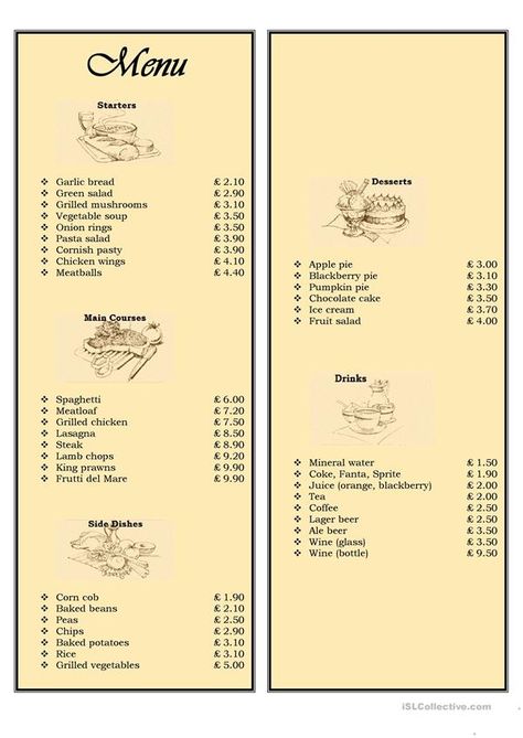 Menu in a restaurant - ordering food - English ESL Worksheets for distance learning and physical classrooms Drama Activities, Restaurant Order, At The Restaurant, Vocabulary Games, Vocabulary Worksheets, Menu Card, Speaking Skills, Esl Worksheets, Order Food