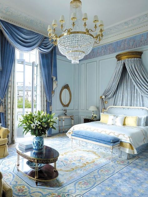 A regal blue bedroom inspired by Disney's 2015 Cinderella movie.- Pinned by #AngelicaAngeli - angelicaangeli.com Shangri La Hotel, W Hotel, Elegant Bedroom, घर की सजावट, Dreamy Bedrooms, Hotel Decor, Blue Rooms, Blue Bedroom, Blue Walls