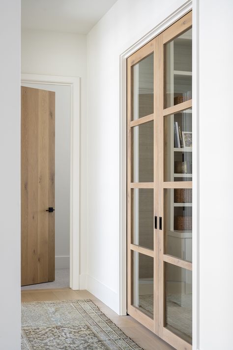 PC Contemporary Project: Office Mudroom & Laundry Room - Studio McGee Studio Mcgee French Doors, Home Office By Front Door, Fir Interior Doors, Laundry Room Bump Out, Office Door For Home, Laundry Room Studio Mcgee, Studio Door Ideas, Double Pocket Doors Office, Studio Mcgee Interior Doors