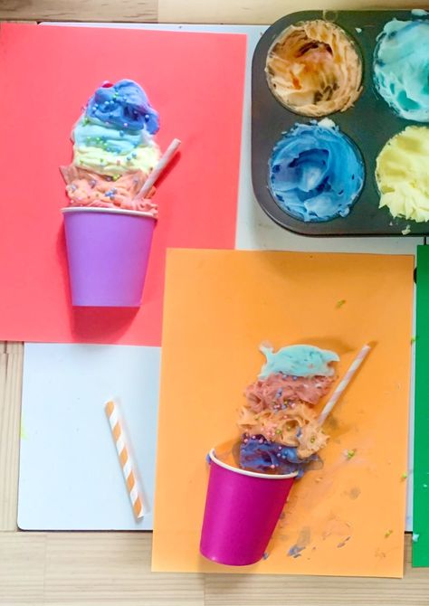 PuffypaintGelatiActivity Ice Cream Sponge Painting, Sponge Paint Ice Cream Craft, Puff Paint Ice Cream Cone, Ice Cream Puffy Paint, Shaving Cream And Glue Puffy Paint, Kids Collage, Crumpled Paper, Scratch Art, Puffy Paint