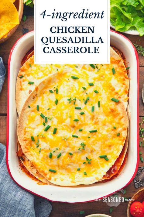 This 4-ingredient chicken quesadilla casserole comes together in just 5 minutes -- no prep work necessary! It's the ultimate family-friendly dinner to make your busy weeknights just a little bit easier. Chicken Quesadilla Casserole, Quesadilla Casserole, Seasoning And Spice, Family Friendly Dinners, Dinners To Make, Low Carb Tortillas, Chicken Quesadillas, Sauteed Veggies, 4 Ingredient