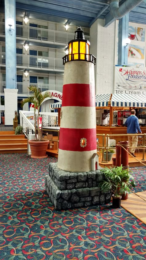 Nautical Lighthouse Prop for beach theme party Vbs Lighthouse Decor, Lighthouse Party Theme, Beach Stage Design, Cardboard Lighthouse, Lighthouse Theme Party, Vbs Lighthouse, Nautical Party Decor, Lighthouse Vbs Decorations, Beach Theme Vbs