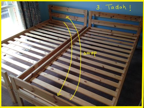 What to do with a Mydal bunk bed when 2 daughters get their own rooms? This awesome hack that’s what! A bunk bed to single beds. Mydal Bunk Bed, Ikea Mydal, Bunk Bed Hacks, Ikea Bunk Bed, Hackers Ikea, Bunk Bed Safety, Ikea Bed Hack, Triple Bunk Beds, Modern Bunk Beds