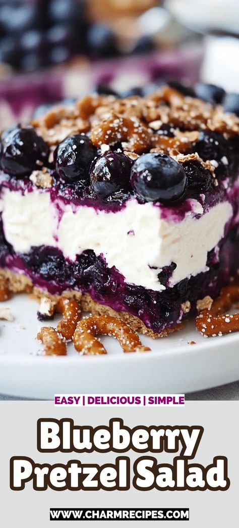 Blueberry Pretzel Salad Blueberry Dessert Recipes Cream Cheese, Deserts With Pretzels, Blueberry Dessert Recipes Easy, Blueberry Pretzel Dessert, Blueberry Appetizer, Blueberry Pretzel Salad, Blueberry Recipes Healthy, Blueberry Pretzel, Dessert With Blueberries