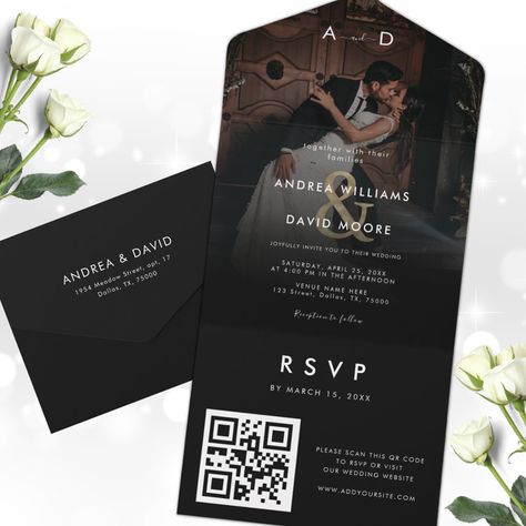 All In One Wedding Invitations, Wedding Invitations Simple, Typography Elegant, Qr Code Wedding, Dark Photo, Minimal Typography, Rsvp Wedding, Black And White Wedding Invitations, Elegant Monogram