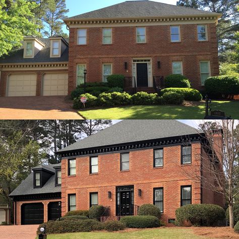 Black Trim On Red Brick House, Black Trim Brick Exterior House, Brick Home Black Trim, Brick House Black Trim Exterior, Red Brick House Remodel, Black Trim On Brick House, Black Trim Red Brick House, Exterior Brick Transformation, Red Brick Colonial House Black Windows