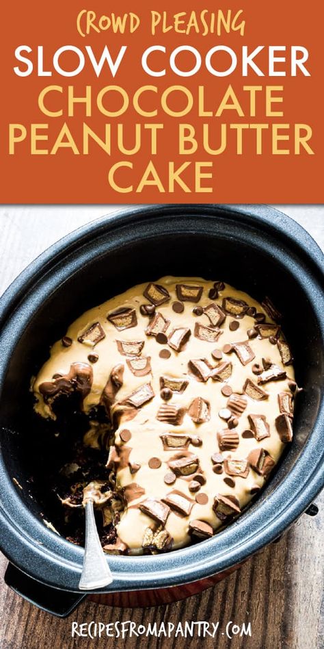 This easy, homemade, creamy, and rich Crock Pot Peanut Butter Chocolate cake is perfect for so many occasions. This slow cooker dessert is great for potlucks and gatherings and made with basic pantry ingredients. Top Chocolate Peanut Butter Cake with Reese’s or your other favorite chocolate candy, and try the peanut butter glaze too. Click through to get this Crockpot Peanut Butter Cake recipe! #chocolatepeanutbuttercake #peanutbutterchocolatecake #crockpotcake #dessertrecipe #crockpot Crockpot Desserts Easy, Peanut Butter Chocolate Cake, Butter Chocolate Cake, Slow Cooker Cake, Crockpot Dessert, Crockpot Cake, Crockpot Desserts, Cooker Cake, Recipe Crockpot