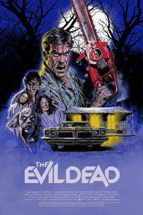 Evil Dead fan poster with Ash covered in blood wielding a chainsaw in a early 80s poster drawn style. Below him are Scott, the Deadites, car and the cabin. Ash Evil Dead, Evil Dead 1981, The Evil Dead, Horror Vintage, Horror Movie Icons, Horror Artwork, Horror Posters, Evil Dead, Horror Movie Art