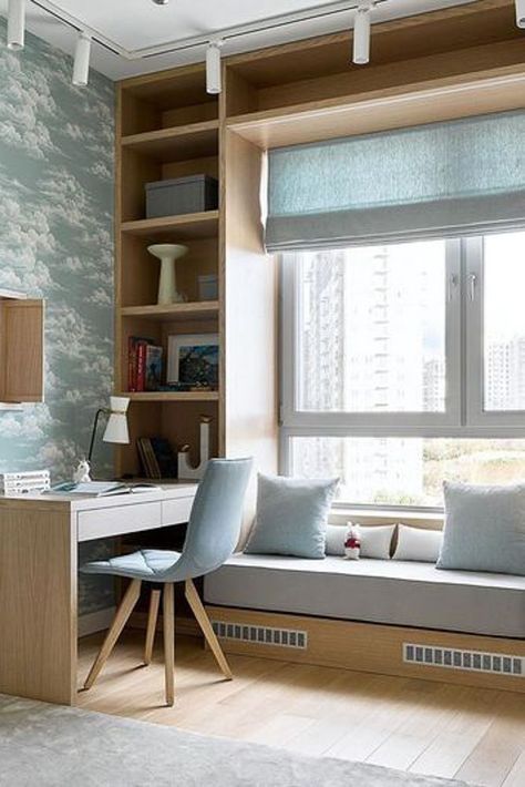 bedroom-cozy-window-seat-with-desk Modern Window Seat Bedrooms, Wardrobe In Bedroom Ideas, Small Window Seat Ideas, Bedroom Window Seat, Window Seat Design, Study Room Design, Kids Interior Room, Small Room Design, Bedroom Furniture Design