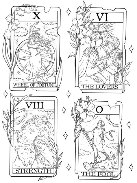 The Lovers Tarot Card Tattoo Stencil, Tarot Tattoo Wheel Of Fortune, Strength Tarot Card Drawing, High Priestess Tattoo Design, Tarot Lockscreen Aesthetic, The Fool Tarot Tattoo Design, Mini Tarot Card Tattoo, Tarot Card The Fool Tattoo, Tarot Colouring Pages