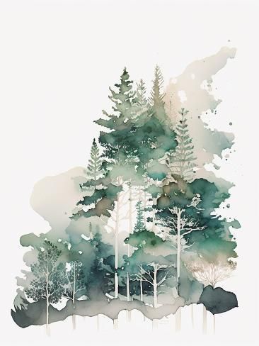 size: 12x9in Art Print: Pine Forest Watercolor by Lana Kristiansen : Watercolor Greenery Painting, Watercolor Woods Painting, Watercolor Pinecone, Watercolor Holiday, Watercolor Pine Tree, Mini Watercolor, Forest Watercolor, Watercolor Nativity, Watercolor Forest