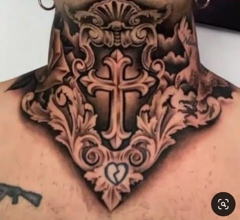 Geometric Throat Tattoo, Neck And Throat Tattoos Men, Front Neck Tattoo, Aztec Tattoos Sleeve, Full Neck Tattoos, Chest Tattoo Drawings, Back Of Arm Tattoo, Filigree Tattoo, Armor Tattoo