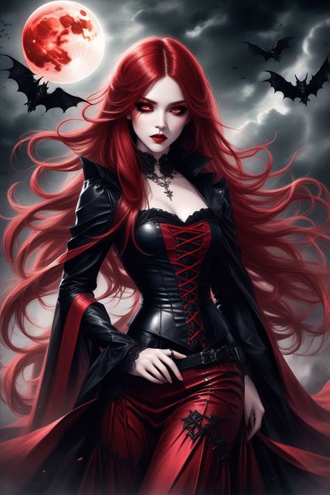 Vampire Portrait, Red Goth, Vampire Princess, Vampire Fashion, Female Vampire, Red Hair Woman, Gothic Fantasy Art, Red Moon, Dark Gothic