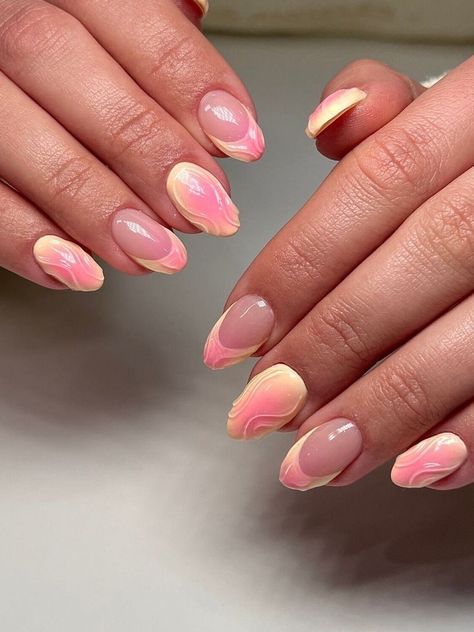 Hard Gel Designs, Cute Nails Ombre, Light Pink And Gold Nails, Nail Designs Fun, Chrome Summer Nails, Aura Nail, Ombre Chrome Nails, Nails Sets, Pink Press On Nails