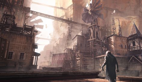 ArtStation - Western Town, Fabien SALVALAGGIO Steampunk City, Dark Brotherhood, Western Books, Fantasy Town, Mtg Art, Western Town, Fantasy City, Fantasy Story, Fantasy Map