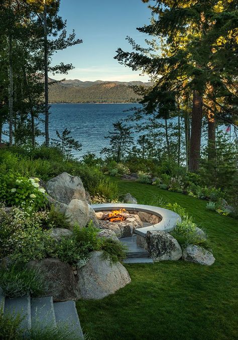 Charming hybrid log home with breathtaking views of Lake Tahoe Lakefront Landscaping, Lake Landscaping, Life In Paradise, Landscape Designs, Diy Fire Pit, Lake Cabins, Log Home, Outdoor Fire, Outdoor Fire Pit