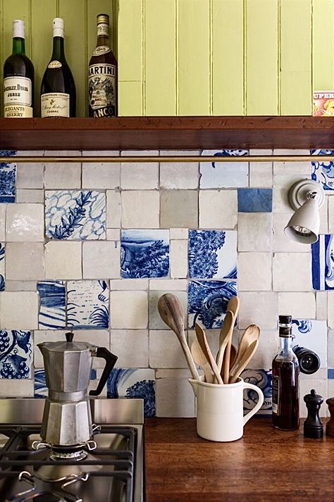 Victorian Shelving, Blue And White Tile, Kitchen Tiles, Interior Inspo, Tile Backsplash, House Inspiration, A Kitchen, Wabi Sabi, Kitchen Interior