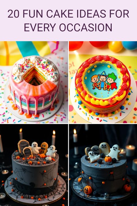 Discover 20 fun cake ideas for every occasion, featuring colorful birthday cakes and themed creations. Includes vibrant images of Rainbow Drip Cake, Cartoon Character Surprise Cake, and Spooky Halloween Graveyard Cake. Perfect for anyone looking to bake something special! Kid Birthday Cake Ideas, Fun Cakes To Make, Fun Cake Ideas, Funky Cakes, Creative Cake Ideas, Graveyard Cake, One Layer Cakes, Inside Cake, Baked Cake