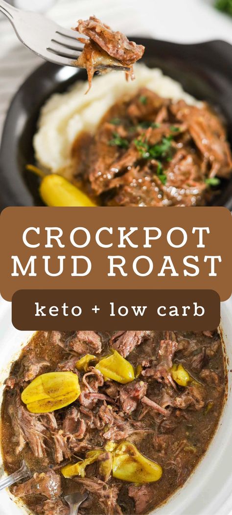 This juicy and flavorful Mississippi mud roast is easy to throw into the crockpot and let simmer all day. It's an easy dinner option for the low carb and keto community. Even if you're not low carb or keto, this is a great family dinner recipe! Serve it over cauliflower rice or mashed turnips. low carb dinner | keto crockpit dinner | slow cooker dinner Meatloaf Cheeseburger, Pot Roast Keto, Tortilla Substitute, Keto Cannoli, Keto Taquitos, Keto Blt, Chaffle Sandwich, Keto Caramel, Keto Chips